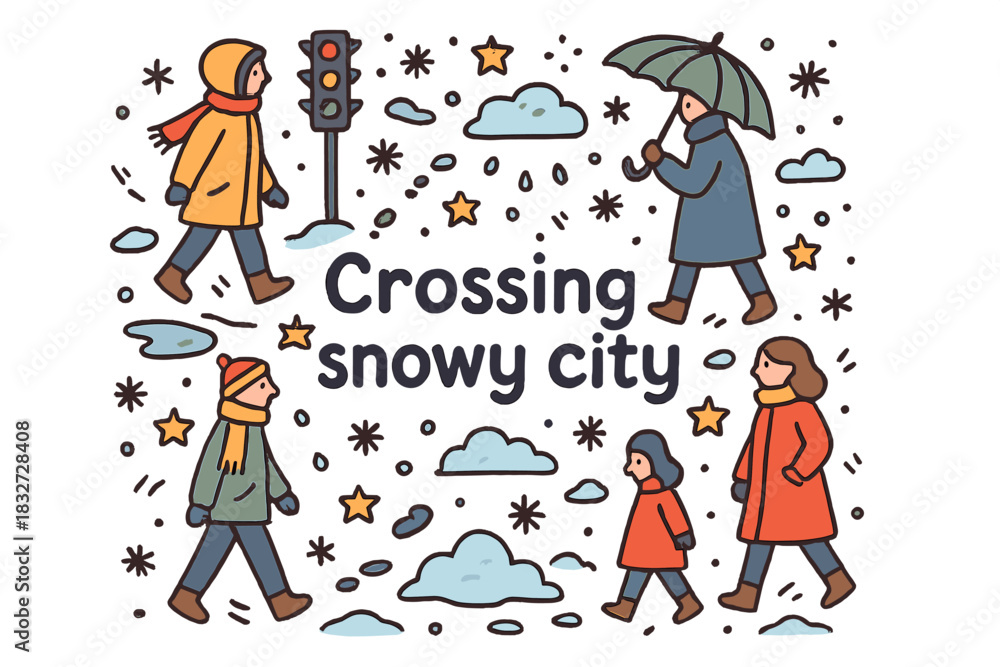 Naklejka premium Snowy City Crossing. Crossing snowy city. Hand-drawn doodle illustration of Crossing snowy city. people,