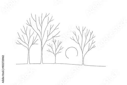 Foggy Winter Sunrise. Foggy winter sunrise. Minimalistic one-line drawing bare trees and sun barely visible