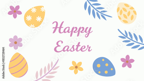 Happy easter greeting card with decorative eggs flowers and branches in pastel colors on a white background