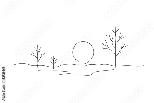 Minimalist Winter Landscape. Soft winter light. Minimalistic one-line drawing low sun glowing through mist