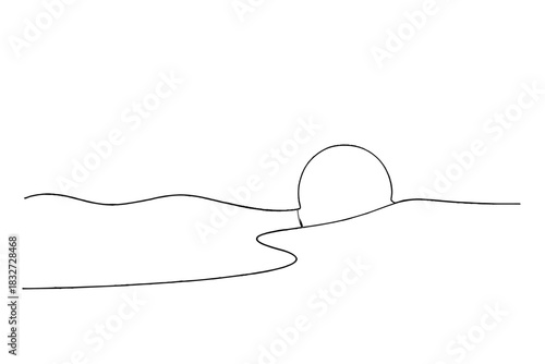 Winter Sun Silhouette. Early winter light. Minimalistic one-line drawing sun silhouette barely visible through