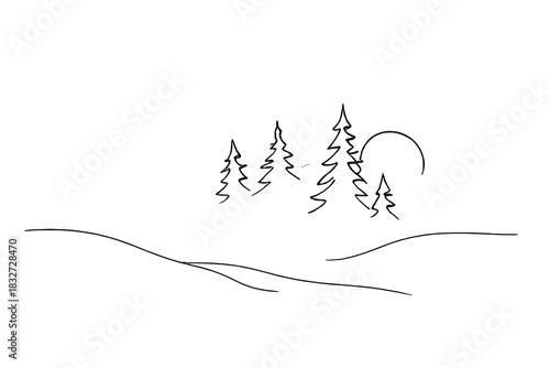 Misty Snowy Sunrise. Morning mist over snow. Minimalistic one-line drawing subtle fog layers with sun hint