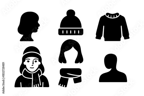 Winter Fashion Icons. Winter fashion portrait. Filled icon set of Winter fashion portrait: model, wool hat,