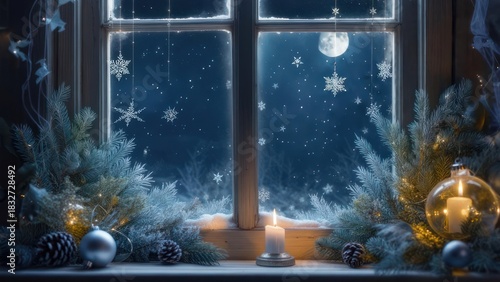 Cozy Winter Night View from a Window with Snowflakes and Christmas Decorations.