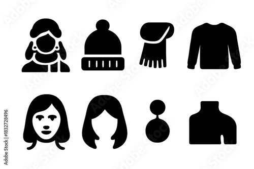 Winter Fashion Icons. Fashion winter portrait. Filled icon set of Fashion winter portrait: model, wool hat,