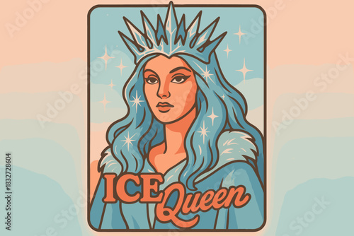 Vintage Ice Queen. Ice queen fantasy portrait. 70s poster vibe, icy pastel gradient, thick outlines, offset