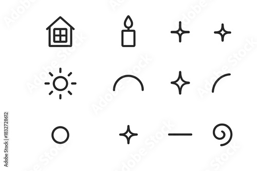 Warm Cabin Icon Set. Warm cabin glow. Line outline icon set of Warm cabin glow: window light, candle flame,