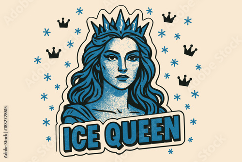 Ice Queen Fantasy. Ice queen fantasy portrait. retro sticker block lettering, bold cut-out outline in black,
