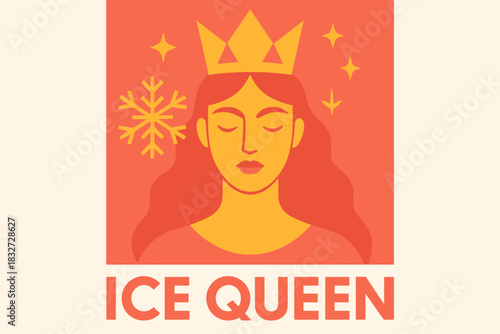Ice Queen Portrait. Ice queen fantasy portrait. Modern minimalist poster banner, bold sans-serif typography,