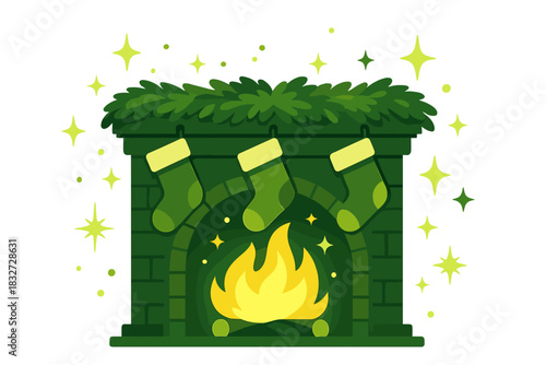 Holiday Fireplace Glow. Holiday mantle scene. Stockings and garlands adorn the fireplace, soft light reflects