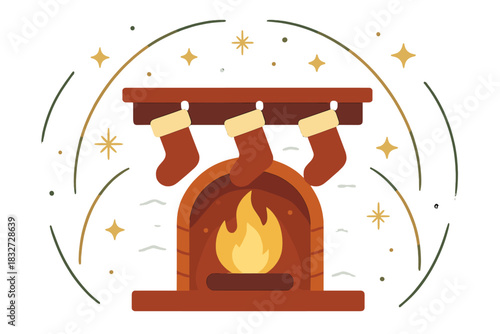 Festive Fireplace Glow. Holiday evening scene. Glowing fireplace with stockings, abstract floating spark