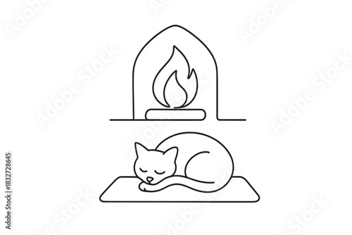 Cat by Fireplace. Warm hearth nap. Minimalistic one-line drawing small cat curled on rug near fire outline,