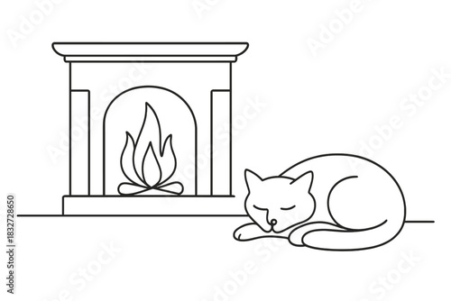 Minimalist Sleeping Cat. Sleeping cat scene. Minimalistic one-line drawing curled cat near mantel with fire