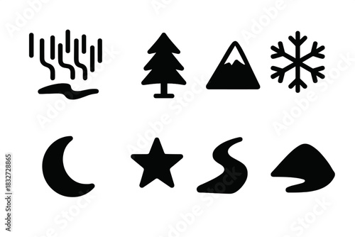 Aurora Night Icons. Aurora night scene. Filled icon set of Aurora night scene: northern lights, pine tree,