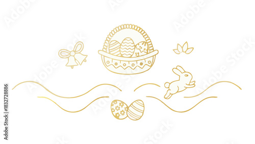 Elegant gold line art easter celebration elements including a basket of decorated eggs a hopping bunny bells and floral motifs on a clean white background