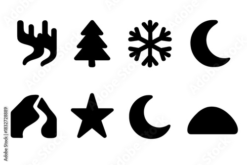 Winter Fantasy Icons. Winter night fantasy. Filled icon set of Winter night fantasy: aurora, pine tree,