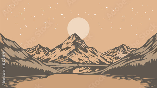 A captivating pixel art landscape with majestic mountains reflecting in a calm lake under a radiant moon