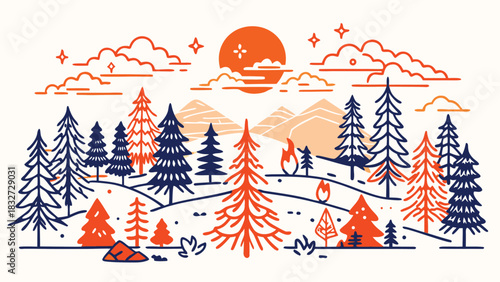 Stylized nature landscape featuring colorful trees hills and subtle wildfires under a grand sun