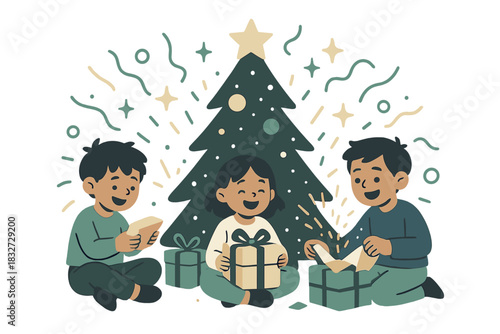 Holiday Morning Cheer. Holiday morning cheer. Children sit by a tree opening presents, tiny spark arcs and