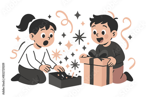 Christmas Gift Unveiling. Christmas surprise. Children’s eyes widen as gifts are revealed, floating geometric