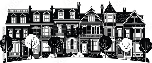 Detailed black silhouette row of classic Victorian townhouses or brownstones with front gardens, isolated vector illustration for urban street facade.
