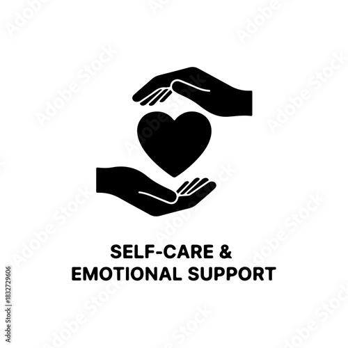 icon featuring two hands gently cradling or hugging a heart shape in the center. Represents self-care, self-love, emotional support, and the importance of protecting one's well-being