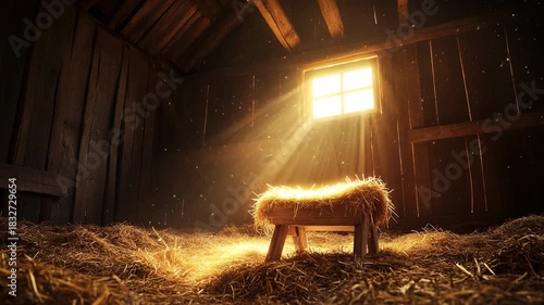 Empty manger in wooden stable with golden sunlight shining through window creating peaceful Christmas mood
