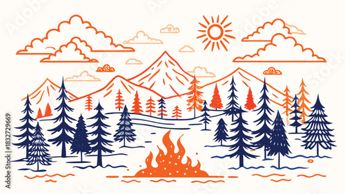 Minimalist nature landscape featuring a glowing campfire evergreen trees and majestic sunlit mountains