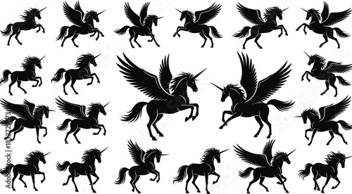 Magical, black vector silhouette collection of unicorns and winged pegasus horses in various dynamic poses, perfect for fantasy, mythology, fairy tales, kids, and magical mystical design projects and 