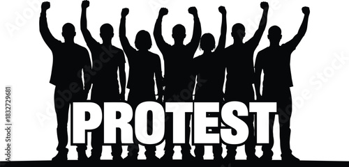 Angry crowd silhouette raising fists above large PROTEST text, isolated vector illustration
