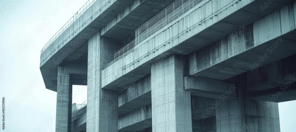 Fototapeta premium Urban Concrete Jungle Geometric Elevated Bridge Connecting City Life with Nature s Beauty.