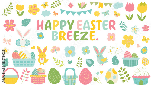 Happy easter breeze whimsical illustration with cute bunnies colorful eggs flowers butterflies and festive bunting for spring holiday celebrations