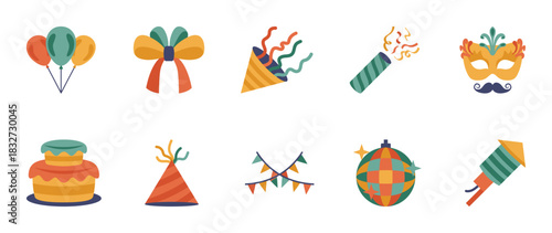 Colorful style party supplies vector icon set. party supplies vector pack is presented in a colorful style to attract attention.