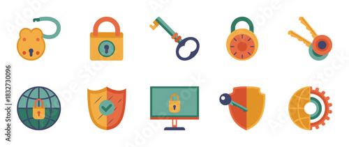 Colorful style Security & protection vector icon set. Security & protection vector pack is presented in a colorful style to attract attention.