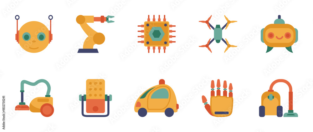Fototapeta premium Colorful style AI & robotics vector icon set. AI & robotics vector pack is presented in a colorful style to attract attention.