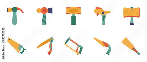 Colorful style hammer and saw vector icon set. hammer and saw vector pack is presented in a colorful style to attract attention.