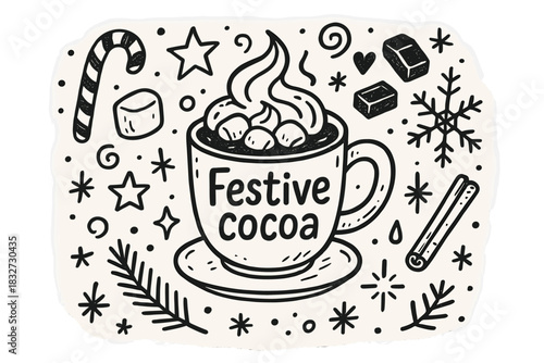 Festive Cocoa Delight. Festive cocoa. Hand-drawn doodle illustration of Festive cocoa. Central doodle (mug of