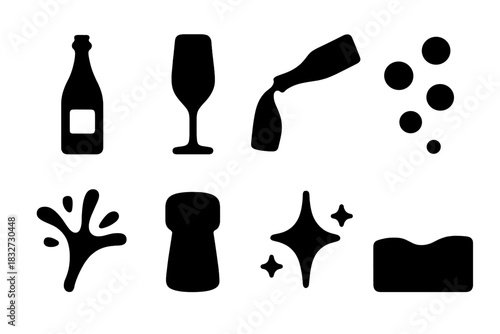 Luxury Pour Icons. Luxury pour detail. Filled icon set of Luxury pour detail: champagne bottle, glass, pour