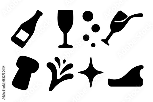 Festive Pour Icons. Festive pour. Filled icon set of Festive pour: champagne bottle, glass, bubbles, pour