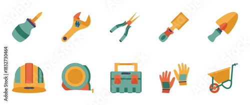 Colorful style Construction tools vector icon set. Construction tools vector pack is presented in a colorful style to attract attention.