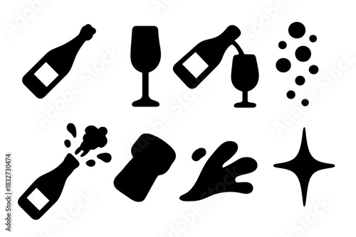 Toasting Icons Collection. Toasting moment. Filled icon set of Toasting moment: champagne bottle, glass, pour