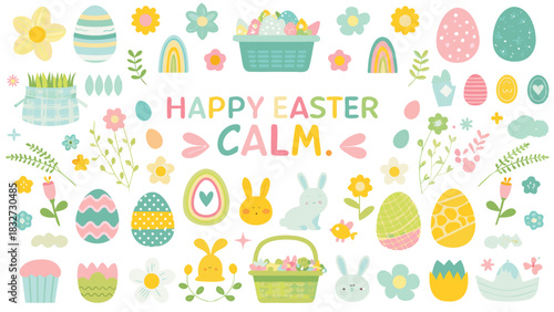 A delightful collection of cute easter elements including colorful decorated eggs playful bunnies blooming flowers and cheerful rainbows perfect for spring celebrations