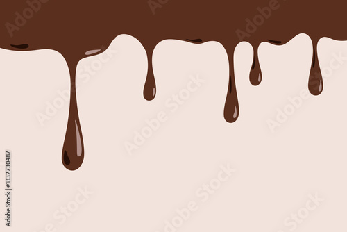 Molten chocolate dripping, vector illustration, flat design. Liquid streaks on a beige background with space for text. Dark brown sweet ice cream is flowing. Background chocolate splash