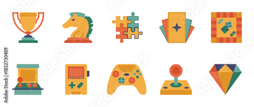 Colorful style Games & hobbies vector icon set. Games & hobbies vector pack is presented in a colorful style to attract attention.