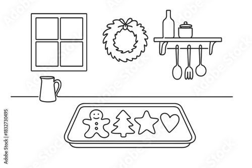Elegant Cookie Sketch. Rustic kitchen with Christmas cookies. Minimalistic one-line drawing of a tray of