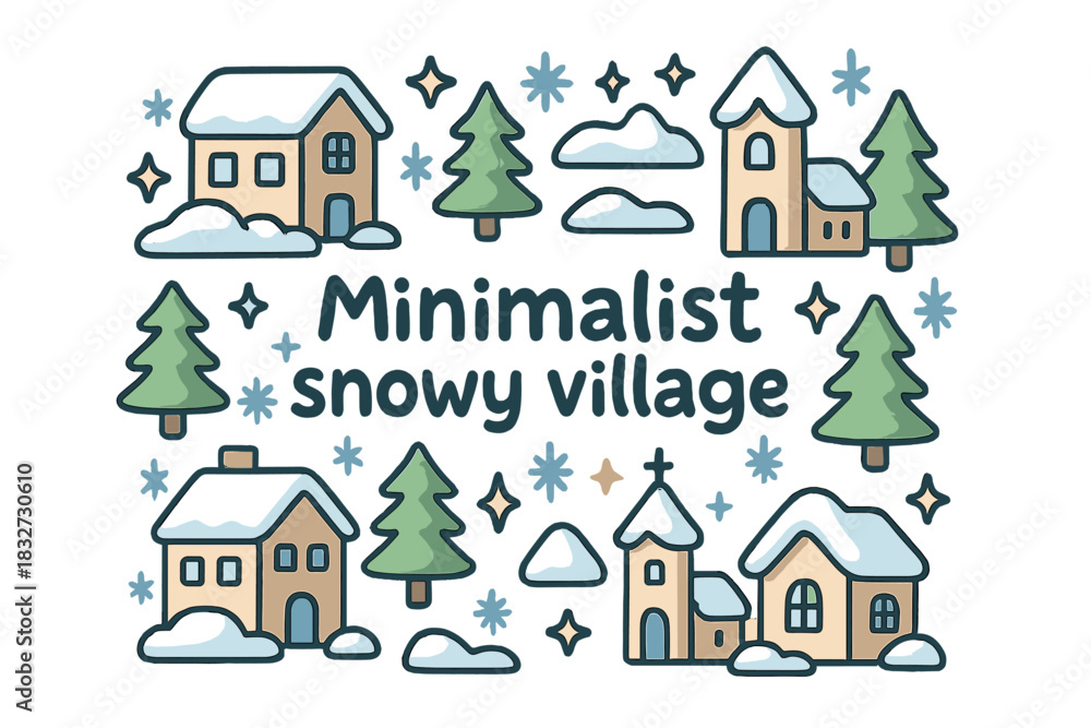 Fototapeta premium Minimalist Snowy Village. Minimalist snowy village. Hand-drawn doodle illustration of Minimalist snowy village