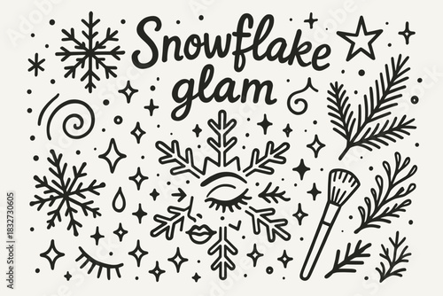 Snowflake Glam Artistry. Snowflake glam. Hand-drawn doodle illustration of Snowflake glam. Central doodle