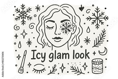 Icy Glam Doodle. Icy glam look. Hand-drawn doodle illustration of Icy glam look. Central doodle (face with