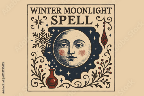 Winter Moonlight Fantasy. Winter moonlight spell scene. vintage serif script, shadowed outlines, aged print