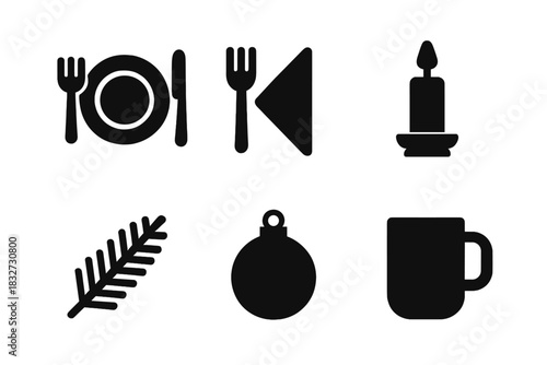 Holiday Table Icons. Holiday table details. Filled icon set of Holiday table details: plate, knife, fork,